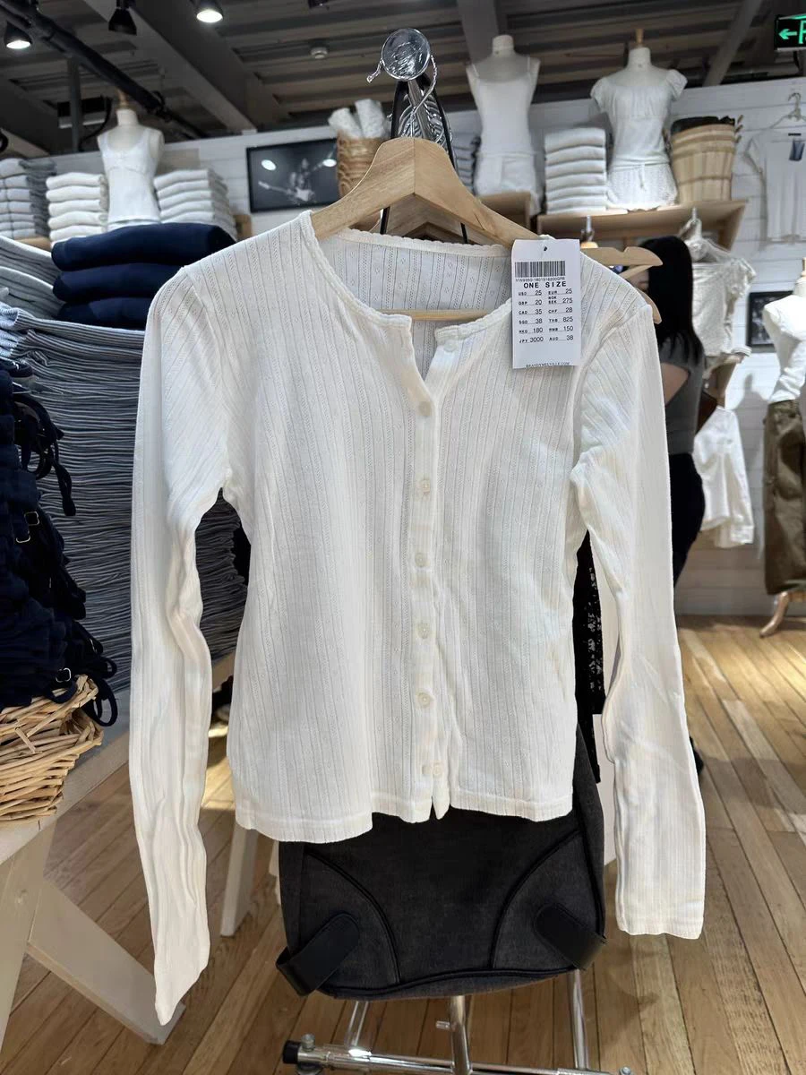 White Knitted Eyelet Cardigan T-shirt Women Lace Trim Scoop Neck Long Sleeve Slim Tee Shirts Sweet Casual Fashion Crop Tops Y2k
