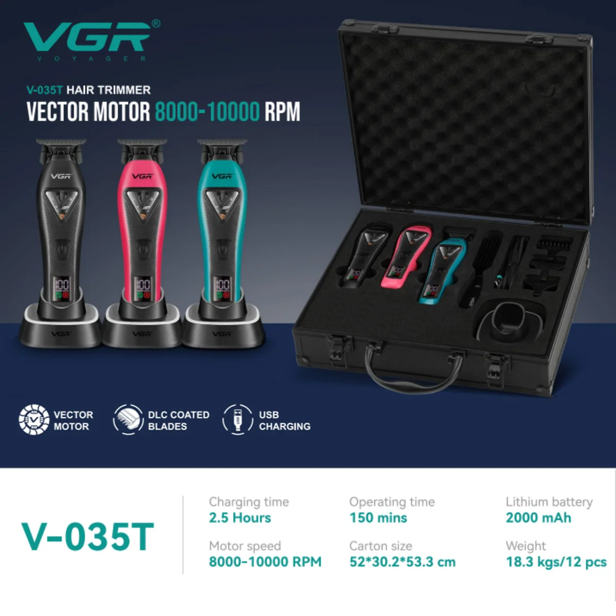 VGR Hair Trimmer Professional 10000 RPM Vector Motor Hair Cut Machine Cordless Hair Trimmer Charging Base Trimmer for Men V-035T