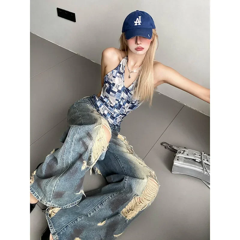 Vintage gescheurde blauwe Y2k jeans vrouwen Harajuku streetwear denim broek esthetische Jean broek Japanse jaren 2000 Trashy Pantalones
