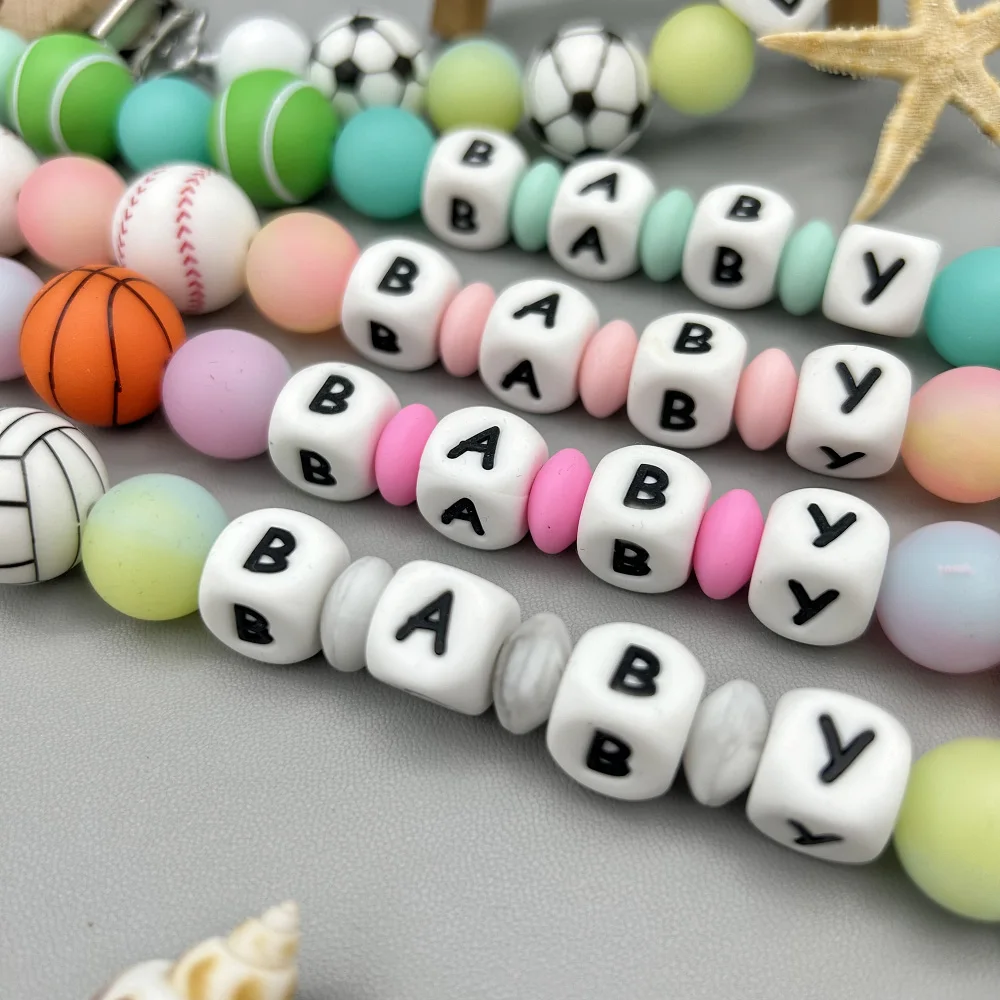 Personalized Letters Name Baby Football Silicone Night Pearl Pendant Pacifier Clips Chains Holder Teether Baby Kawaii Toy Gifts