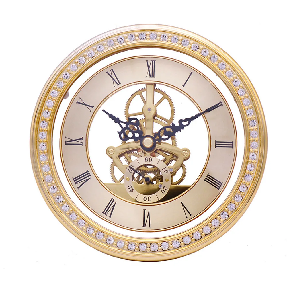 

148mm Diameter Gold Clock Head Insert with Transparent Cover and Clear View of Rotating Internal Gears and Mechanism