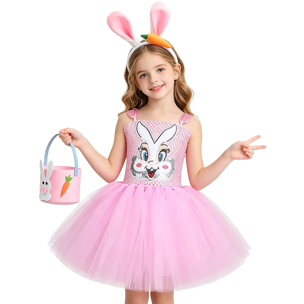 Baby Pink Bunny Costumes for Girls Easter Holiday Tutu Dress for Kids Rabbit Fancy Outfit Children Animal Disguise Clothes Suit
