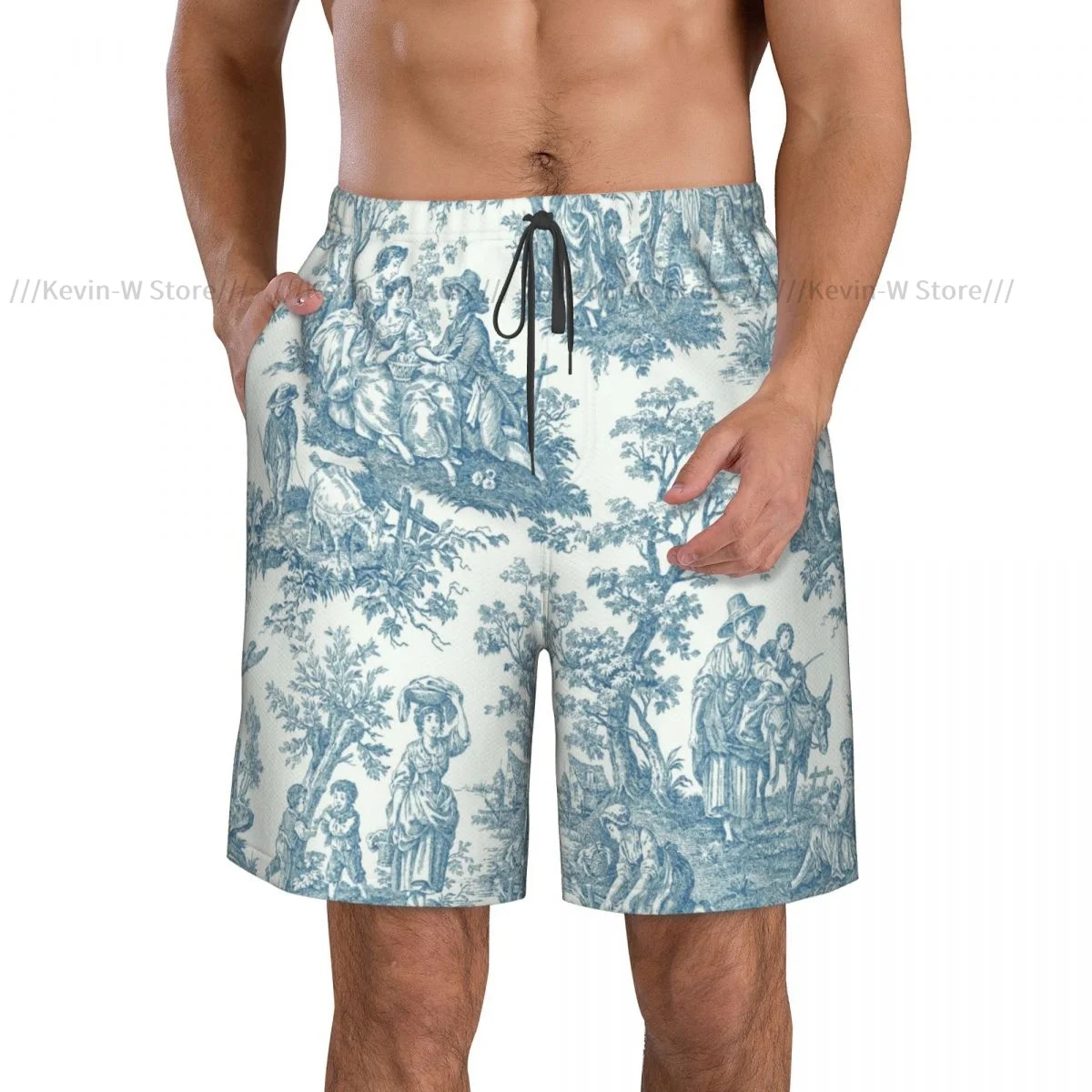 2022 Summer Men's Swimwear Shorts Toile De Jouy Pattern Beachwear Swim Trunks Men Swimsuit