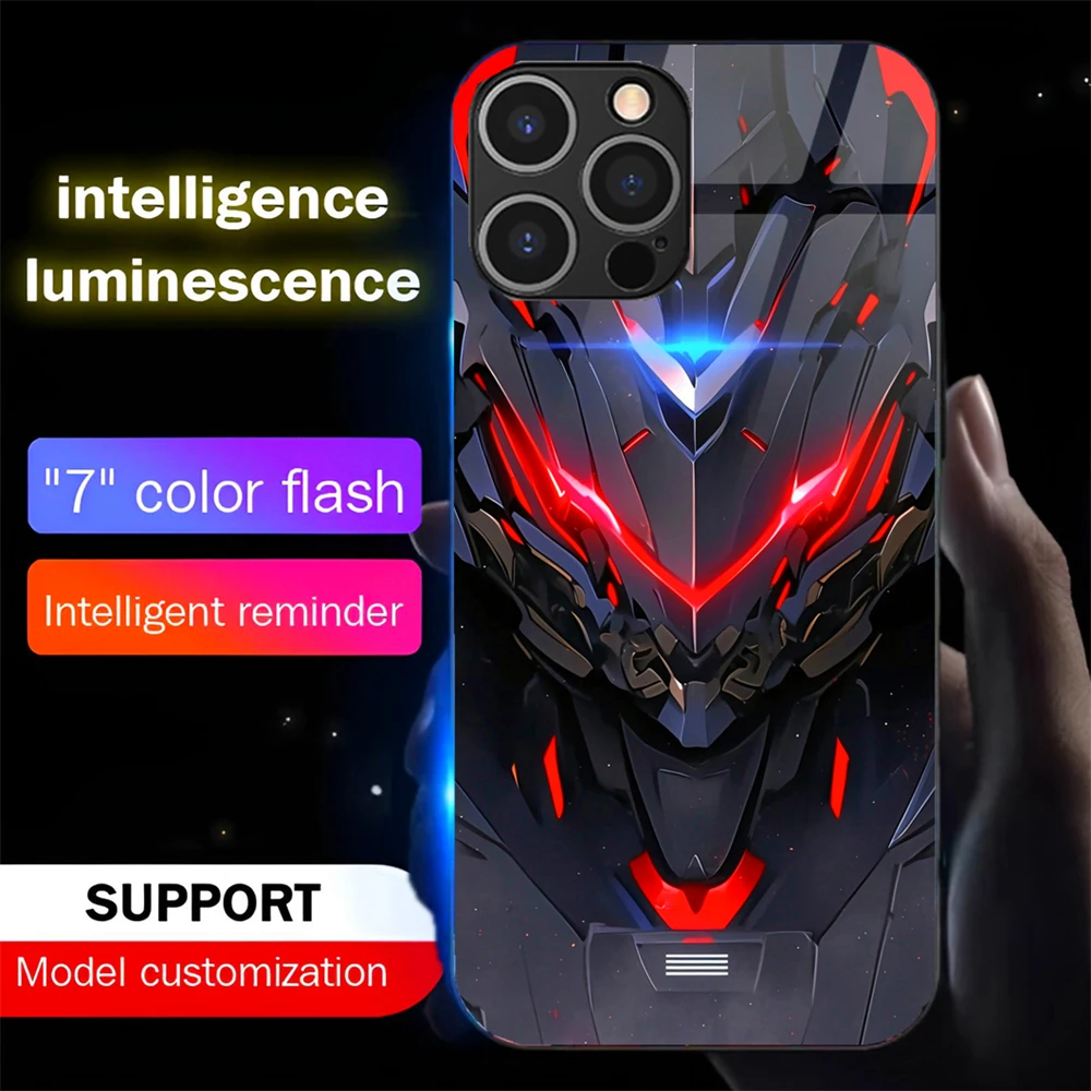 

Cool Mech Mask Luminous Phone Case LED Light Glass Shockproof Cover For iPhone 16 E 15 14 13 12 11 Pro Max X XR XS 7 8 Plus SE