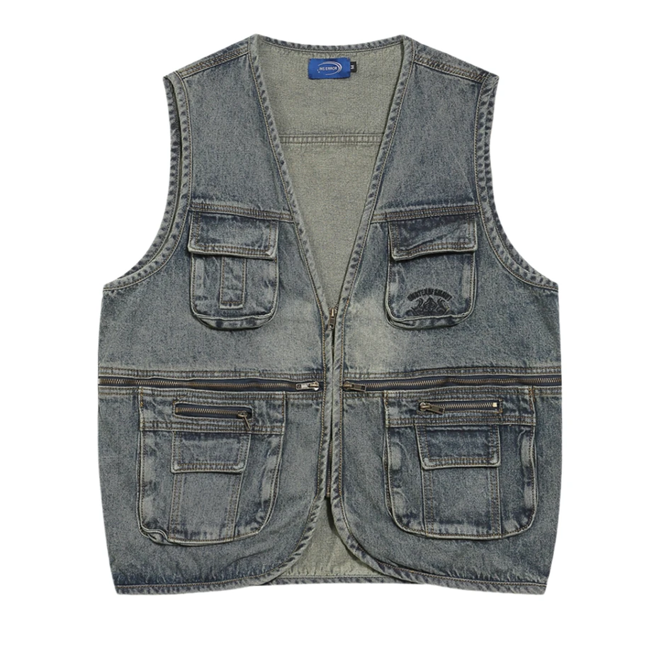 

Vintage Blue Denim Vest Jackets Men Streetwear Sleeveless Cargo Coats Harajuku Multiple Pockets Loose Casual Jeans Vests Male