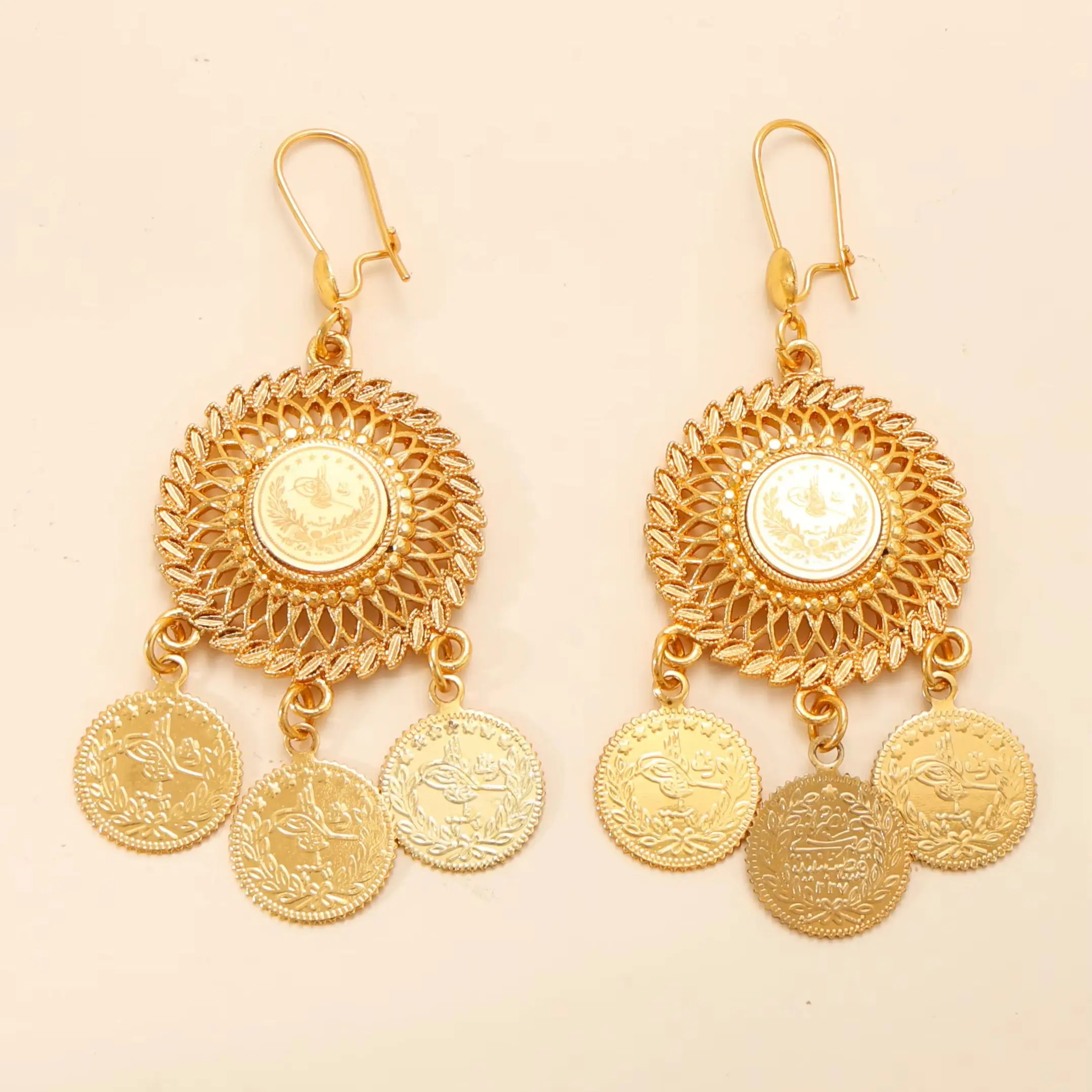 KDE Vintage Boho Ethnic Floral Earrings, Gold Plated Turkish Coin Fashion Accessories, Suitable for Weddings & Daily Wear #00479 view 2