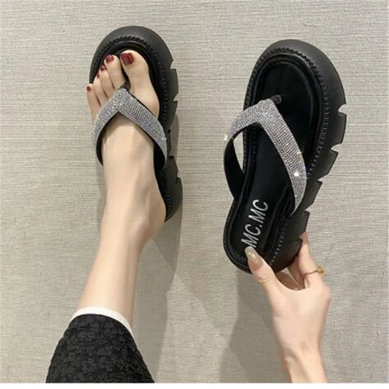 2024New Summer Flat Platform Orange Slippers Women Sandals Luxury Crystals Shoes 5cm Chunky Sole Cool Slides