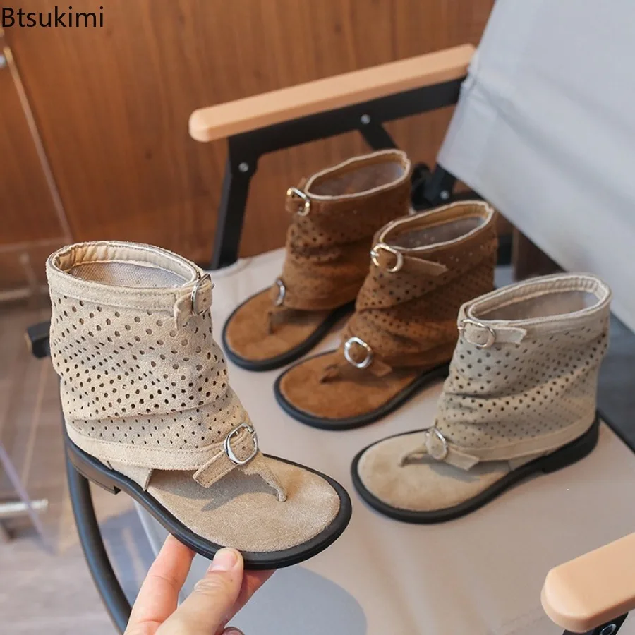 Children's Sandals Summer Solid Color Hollow-out Belt Buckle Princess Short Boots Breathable and Comfortable Girls' Party Shoes