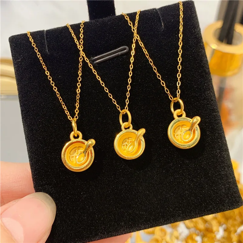 1pcs 24K Yellow Gold Pendant /Lucky 3D Hard Gold Small Bowl Spoon For Women Men Baby Charms Pendant