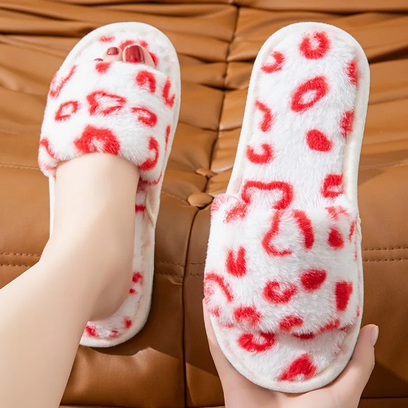 Four Season Heart Fluffy Fur Open Toed Indoor Slippers Woman Fashion Patchwork Warm Plush Winter Slippers Soft Sole Home Slides