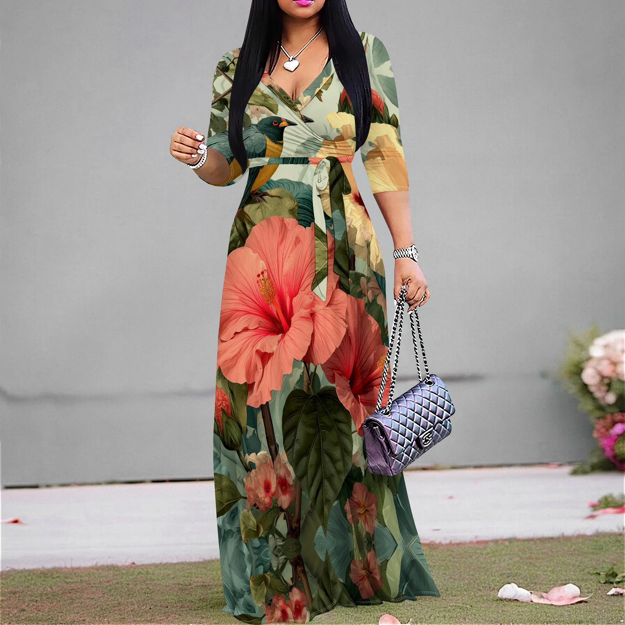 

Green Peach Floral Maxi Dress S‑3XL V‑Neck Wrap Style with Tie Waist & 3/4 Sleeves for Garden Party, Beach Trip or Summer Look