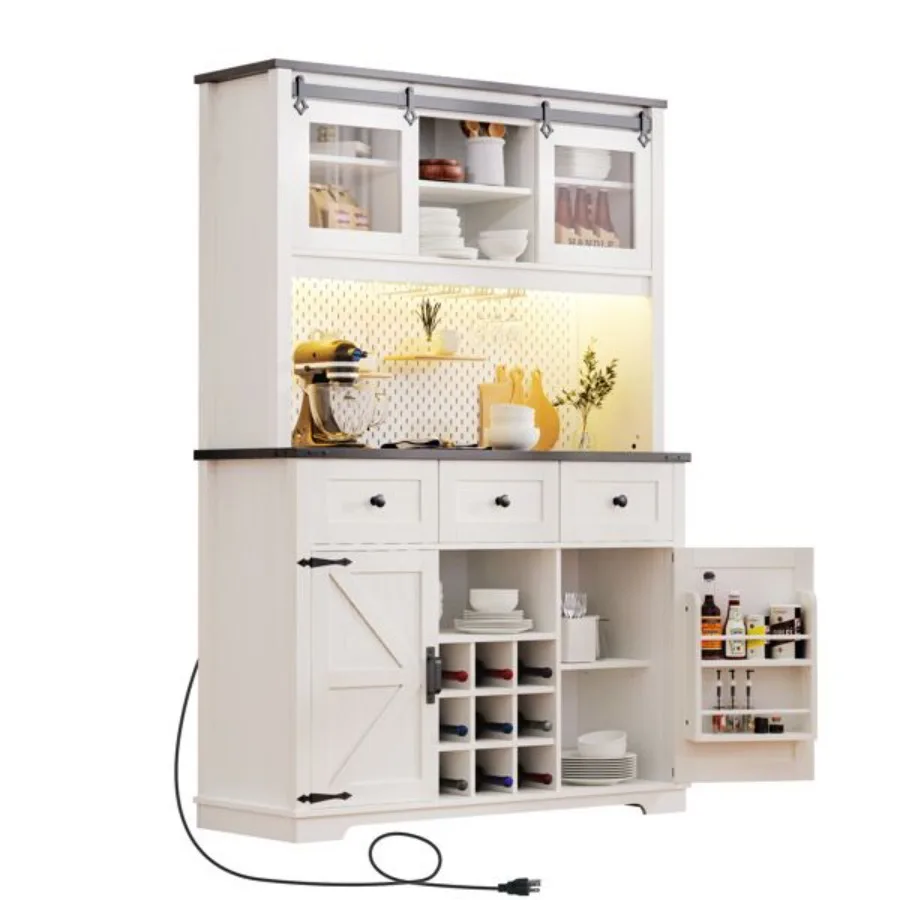 

71 Farmhosue Pantry Bar Cabinet with Internal Storage Rack Kitchen Cabinet with Hutch Sliding Door Power Outlet Pegboard Wine G
