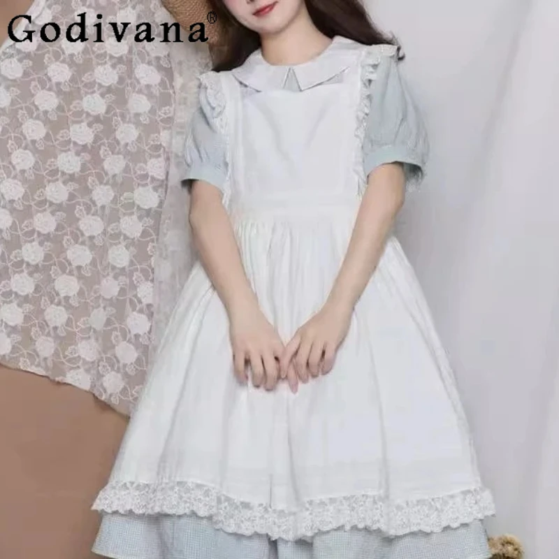 Abito bianco con cinturino grembiule Lolita con giunture in pizzo Lolita allentato Abito da donna a vita alta medio e lungo semplice e versatile