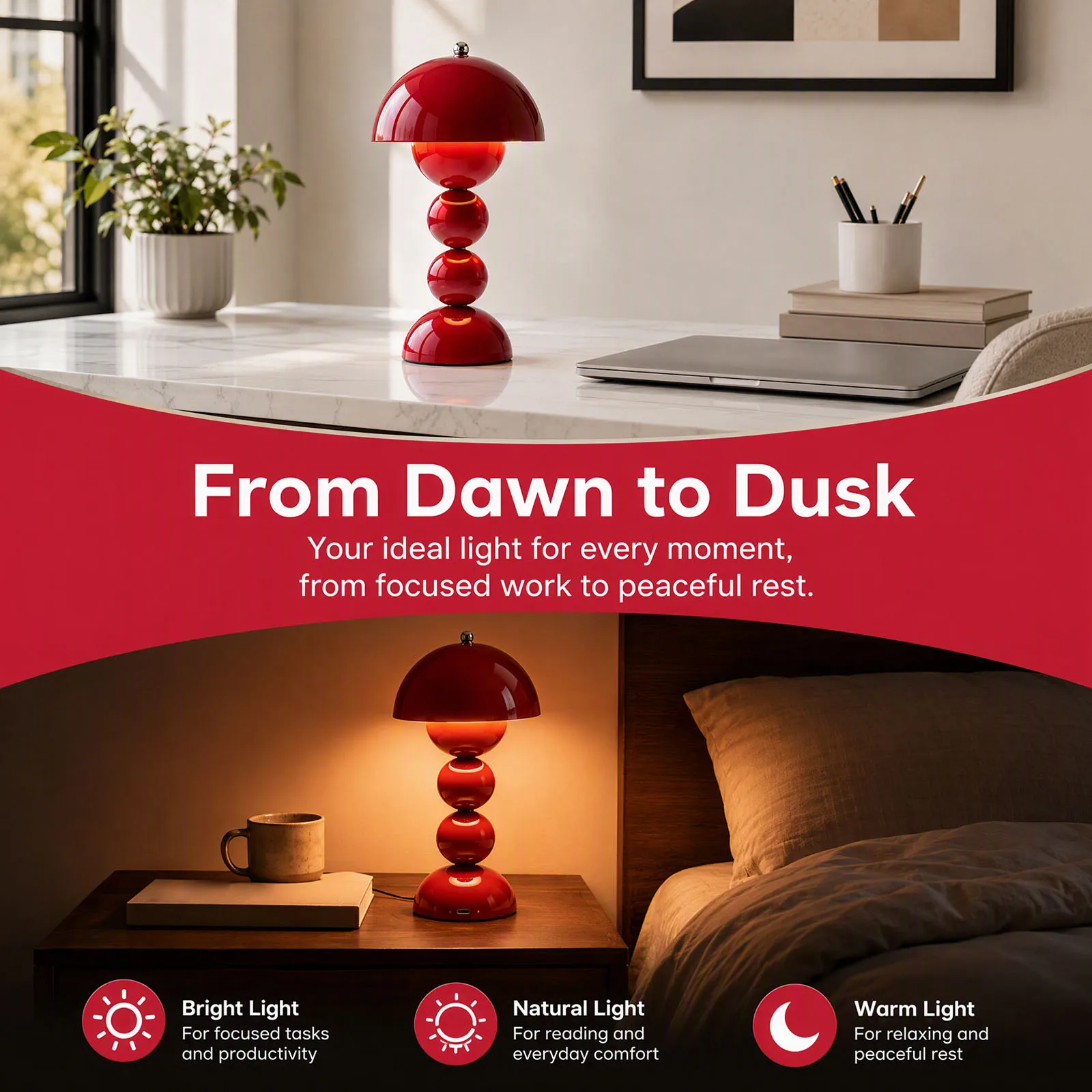 Vintage Mushroom Table Lamp USB LED 3 Color Temperature Warm Neutral White Bedroom Desk Night Light Decor