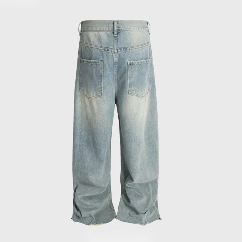 HKSH Spring Autumn New Men's Washed Vintage Ripped Frayed Distressed Deconstructed Straight Jeans Trendy Ins Denim Pants HK14523