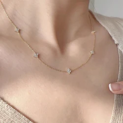 Fashion Cubic Zirconia Four Petal Flower Necklace Stainless Steel Wee Chain Necklace for Women Pendant Jewelry Gifts