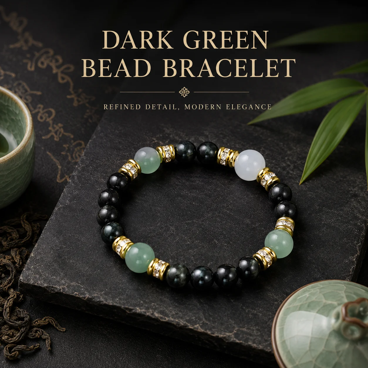 Dark Green Bead Bracelet 8mm 12 Beads Handmade Stretch Bracelet 4 Jade Color Accent Beads Gold Tone Jewelry Gift