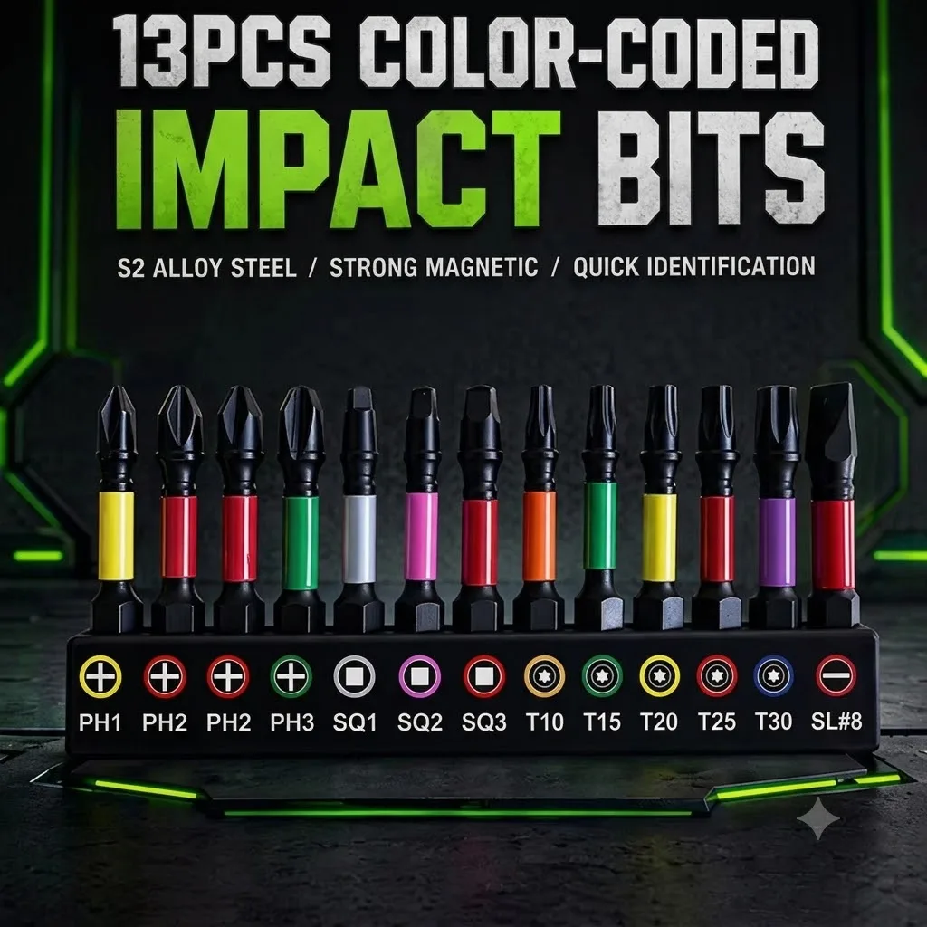 13PCS Impact Phillipes/Square/Slotted Screwdriver Bits Set 2'' Magnetic S2 Steel Bits Set Color Coded Base Drill bit accessories