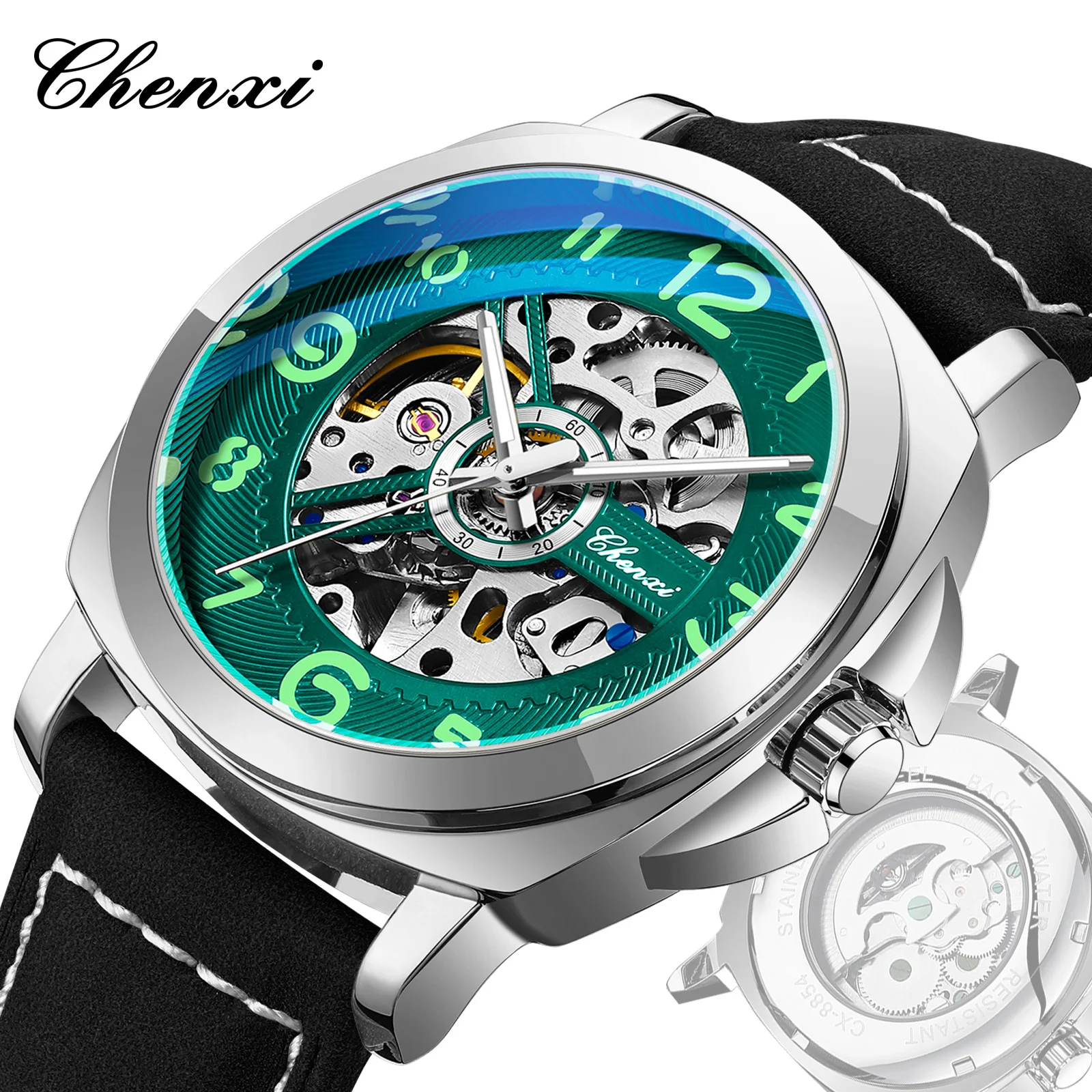 CHENXI Original Skelett-Mechanische Herrenuhren Luxus Automatikuhr für Männer 	 Modische Business-Armbanduhr mit Lederarmband als Geschenk