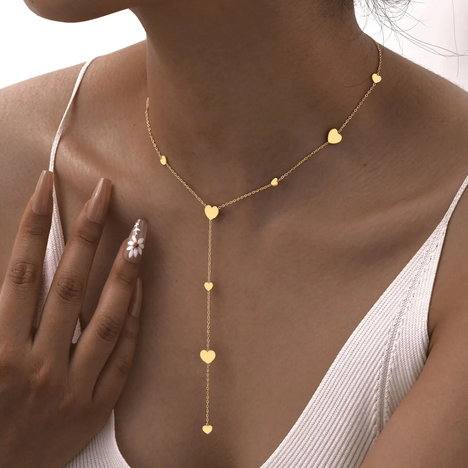Heart Drop Lariat Chain Necklace For Women, Y Shape Long Chain Stainlss Steel 18K Gold Color Layered Jewelry - Detail 1