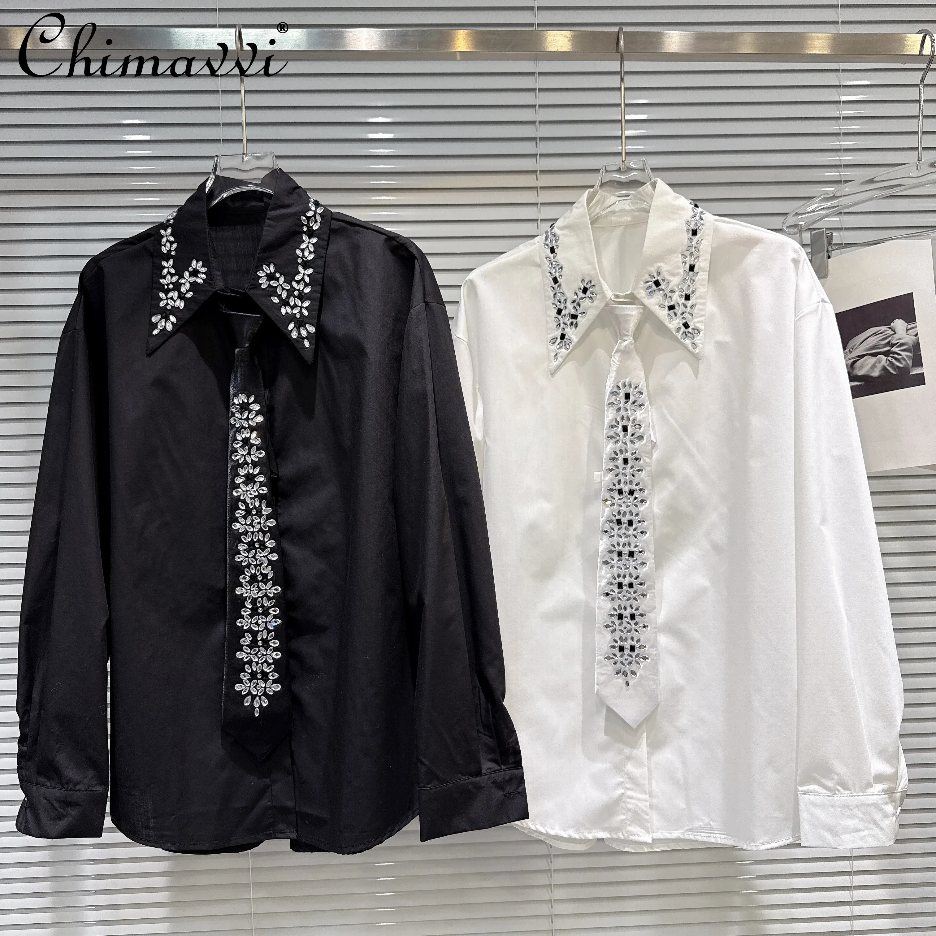 

Новая модная женская блузка с длинным рукавом, свободного кроя, однотонная, с индивидуальным дизайном, стразами и вышивкой, весна 2026