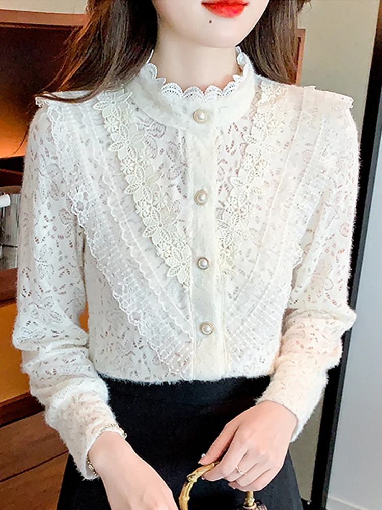 Fashion Ruffles Stand Collar Apricot Lace Blouse Shirt Women Tops Shirts Blusas Mujer De Moda 2024 Long Sleeve Blouse Women H25