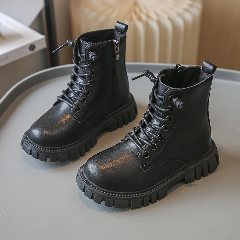 Girls Autumn Short Boots Winter Children Soft Soled Booties Girls Leather British Children's Boots Front Lacing Side Zippers