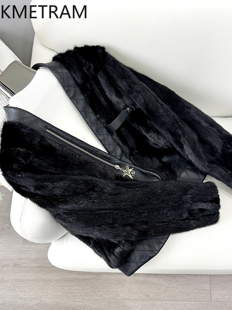 سترة نسائية من فرو المنك الطبيعي لعام 100% معطف فرو حقيقي أسود قصير فاخر ملابس شتوية عالية الجودة للنساء 2025 Fourrure