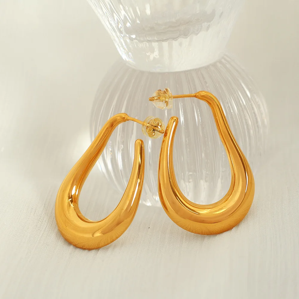 Keen-on Trending Stainless Steel Glossy Metal Big U-Shape Unusual Earrings 18K Gold Color Plated Waterproof Jewelry Gift