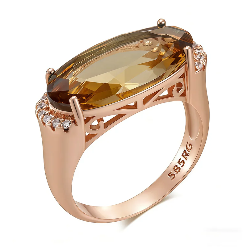 Wbmqda Brauner ovaler Steinring für Damen, 585er Roségold, luxuriöser großer Zirkon, Schmuckzubehör