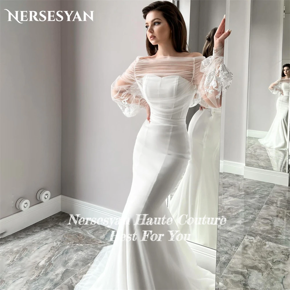 Nersesyan Elegant Lace Mermaid Wedding Dresses Pletaed Tulle Off Shoulder Appliques Sleeves Bridal Gowns Bodycon Bride Dress