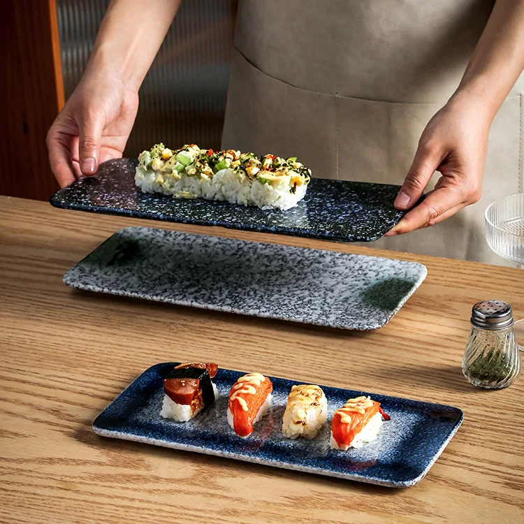 Japanese style kiln transformation sushi plate, long plate, color glaze creative ceramic snack,rectangular flat plate restaurant