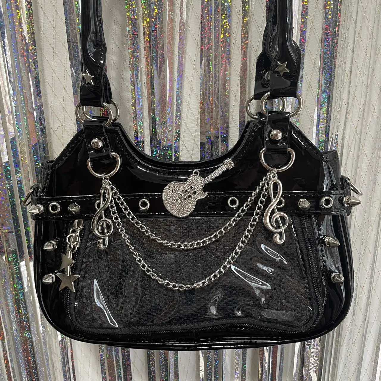 Punk Guitar Ita Bag Y2K Black Patent Leather Shoulder Bag Rivet Music Note Chain Transparent Window Handbag Gothic Rock Purse