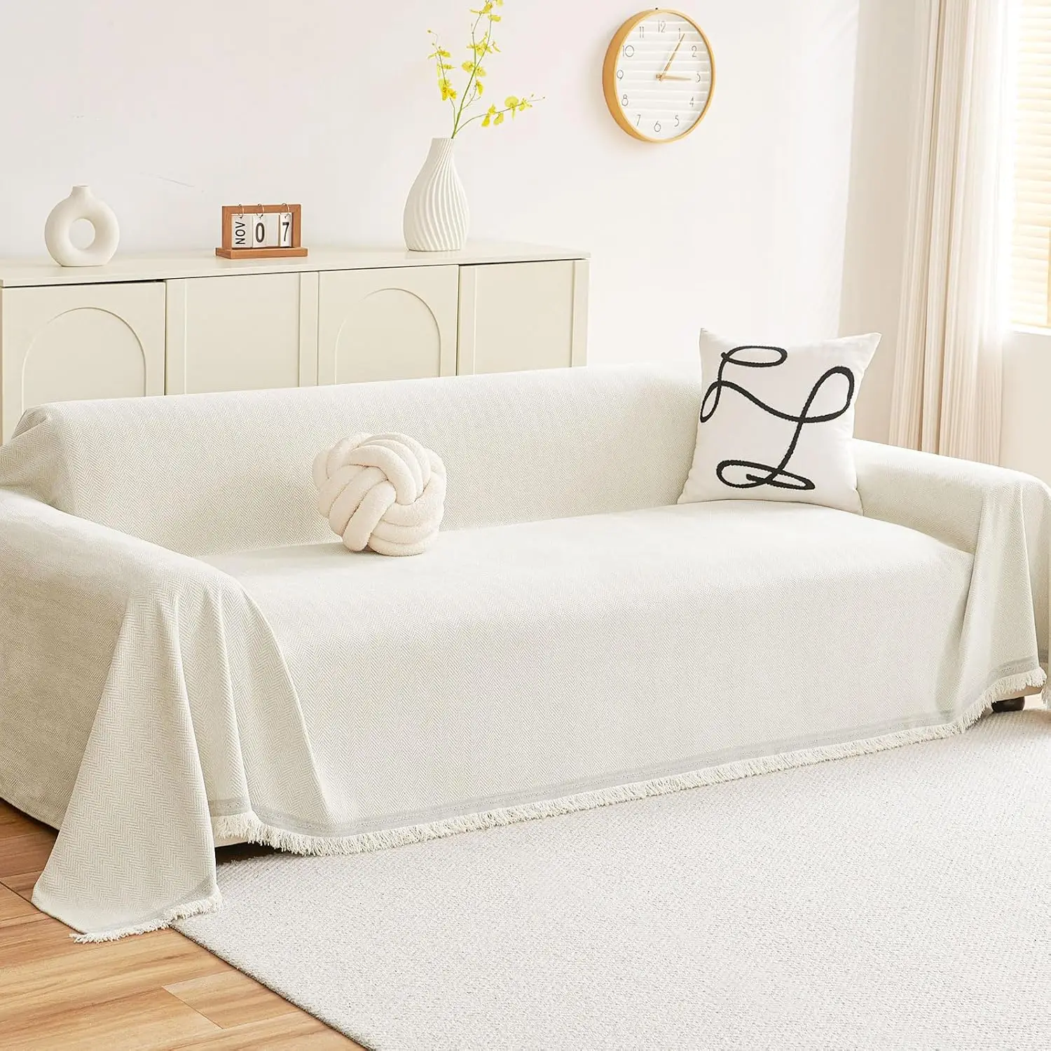 

Моющийся чехол для дивана из шенилла для собак, плед с бахромой в стиле бохо для дивана с 3 подушками, бежевый, 71x118 дюймов