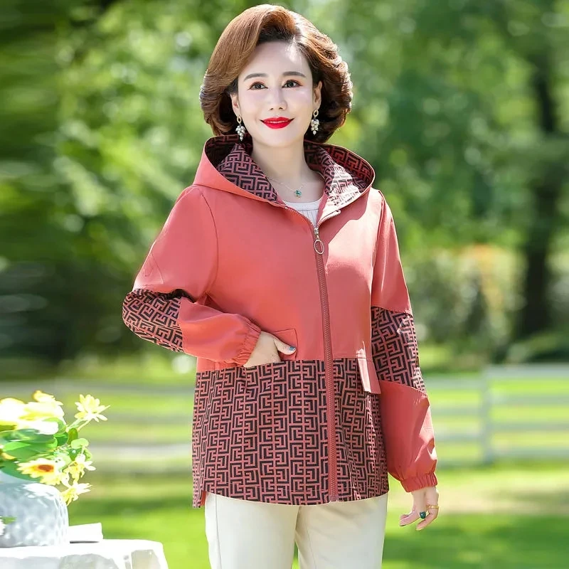 Mother's New Spring And Autumn Fashion Print Casual Hooded Coat Middle-aged And Elderly Women's Joker Foreign Style Short Coat