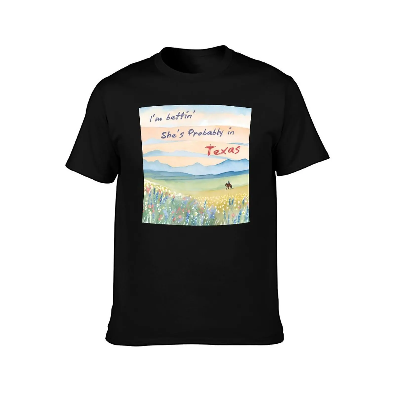 She’s Probably in Texas – Wildflower Cowboy Scene T-Shirt Casual Pattern Print Tee Shirt T-Shirt