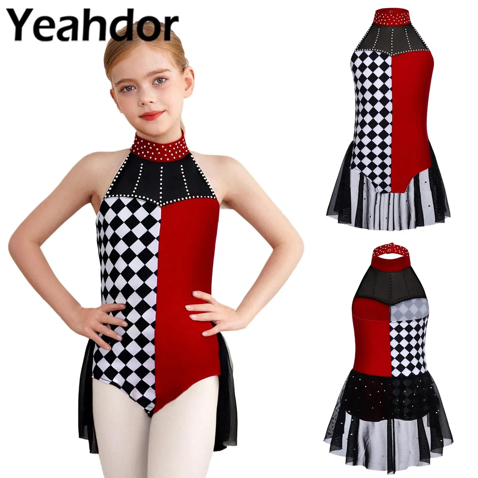 

Детский цирковой костюм клоуна для девочек на Хэллоуин, карнавал, вечерние костюмы для косплея, купальник со стразами, Холтер, комбинезон без рукавов с открытой спиной