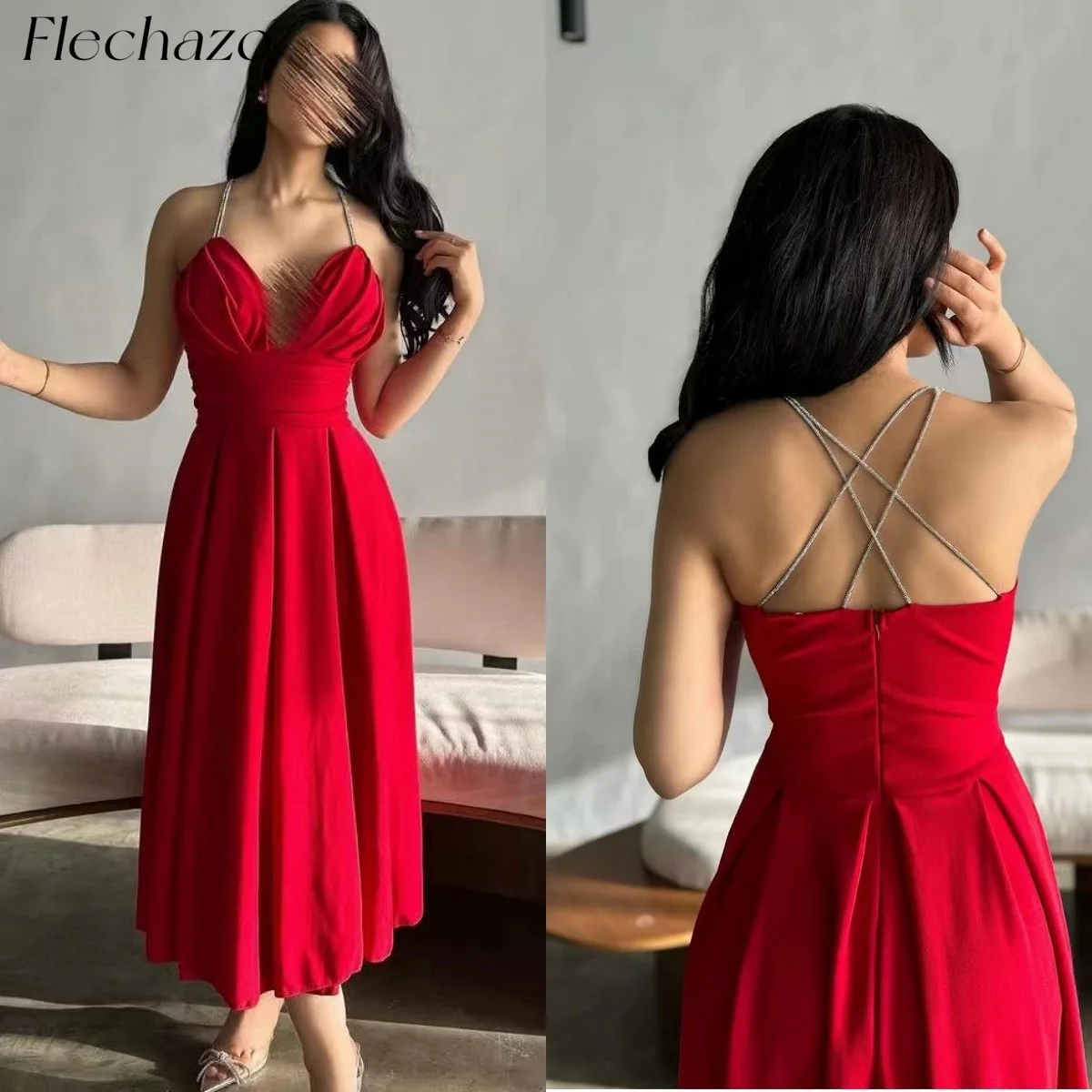 Flechazo Red Satin Evening Dresses Spaghetti Backless Pleated Tea-Length Simple Party Dress For Women 2024 платье женское