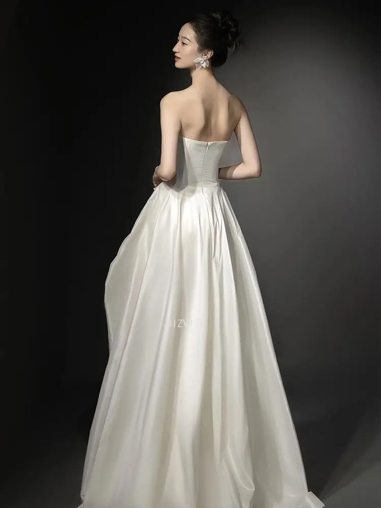 White Light Wedding Dresses Classic Women Satin Strapless Applique Photos Shoot Dress Luxury Long Wedding Party Bridal Dress