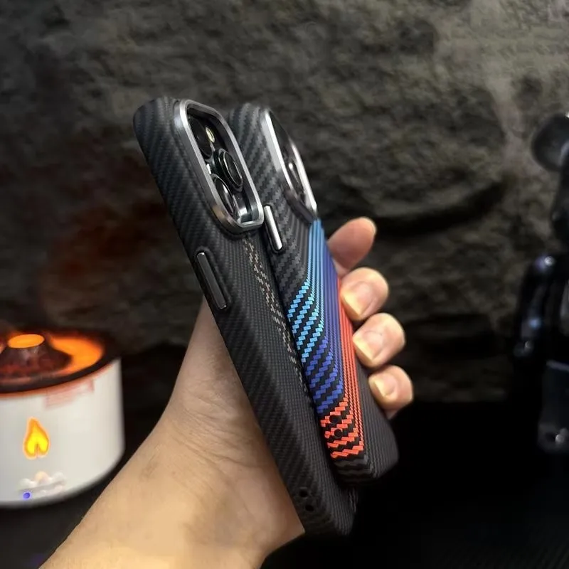 Ultra-Thin Carbon Fiber Texture Phone Case For iPhone 17 16 15 14 13 12 Pro Max MagSafe  Wireless Charging Alloy Lens Hard Cover