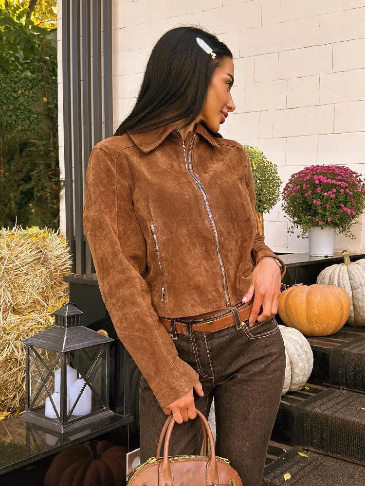 

HH Women's Autumn Fashion Versatile Lapel Short Pure Leather Short Jacket Female Temperature Zipper Pocket Loose Coat Mujer