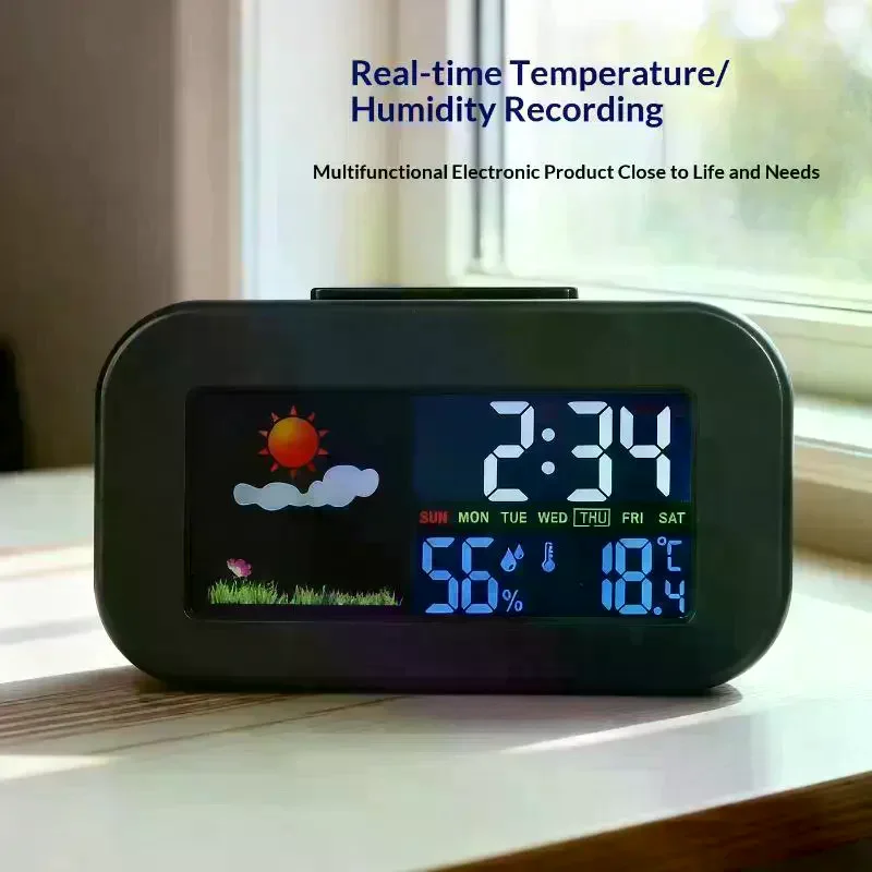 Intelligent Weather Station Clock With Color Display - Temp & Humidity Monitor Backlit For Kids & Teens Bedroom/Dorm Desk