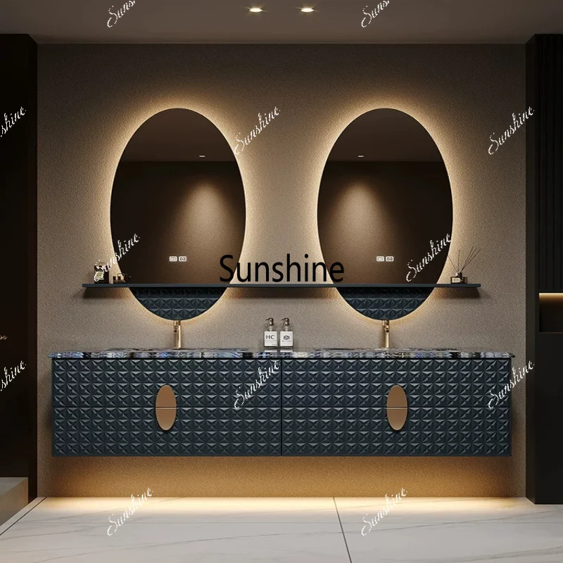 Design high-end bathroom cabinet retro style double basin washstand, luxury stone villa customization
