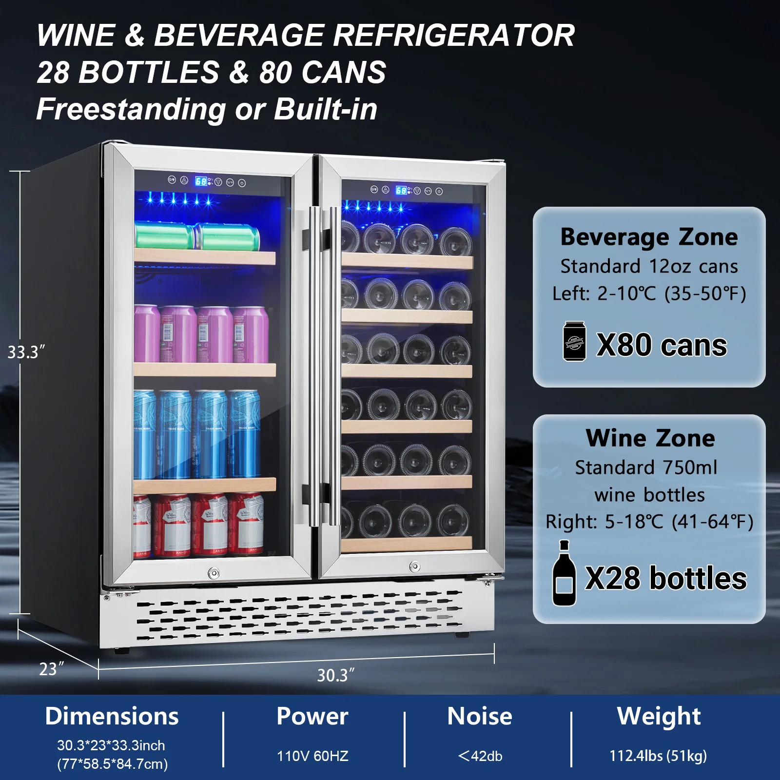 30 Inch Beverage and Wine Cooler-Dual Zone Built-In/Freestanding,Holds 28 Bottles and 80 Cans,Independent Temp Control