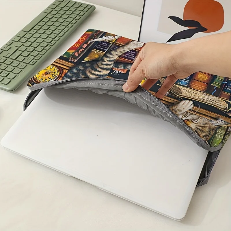 1, Laptoptasche mit Katzen- und Bücherregalmuster, Aktentasche, geeignet für 15-Zoll-Laptops, feste Laptoptasche (ohne Handgerät) – Detail 4