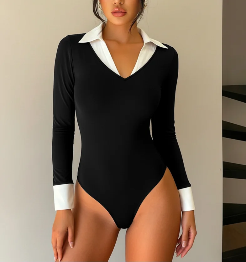 

Women's Jumpsuit 2025 New Sexy Hot Girl Pure Desire Style Black and White Contrast Collar Splicing Fake Two Piece Jumpsuit