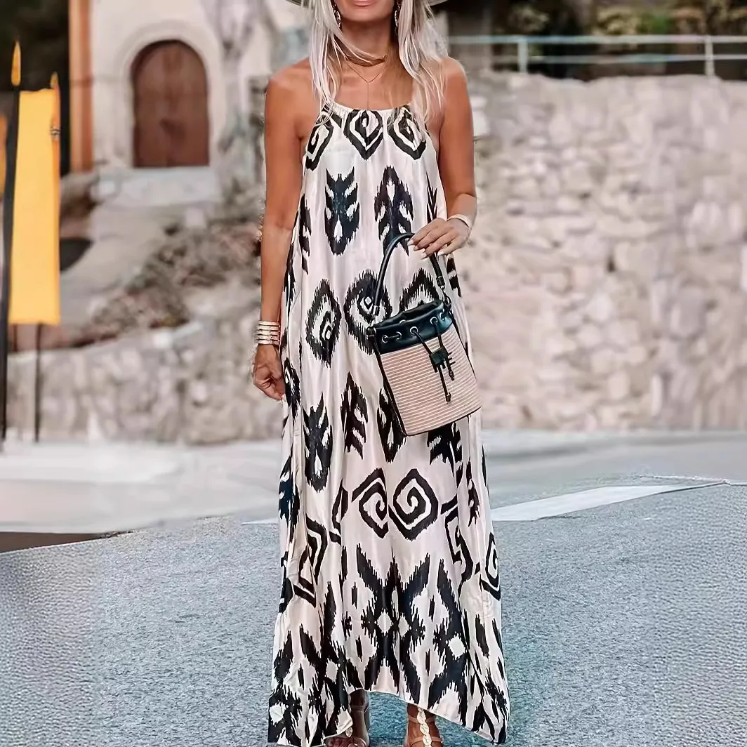 

Women Print Maxi Dress Elegant Casual Sexy Spaghetti Strap Party A-Line Sleeveless Long Dresses Female Loose Beach Sundress