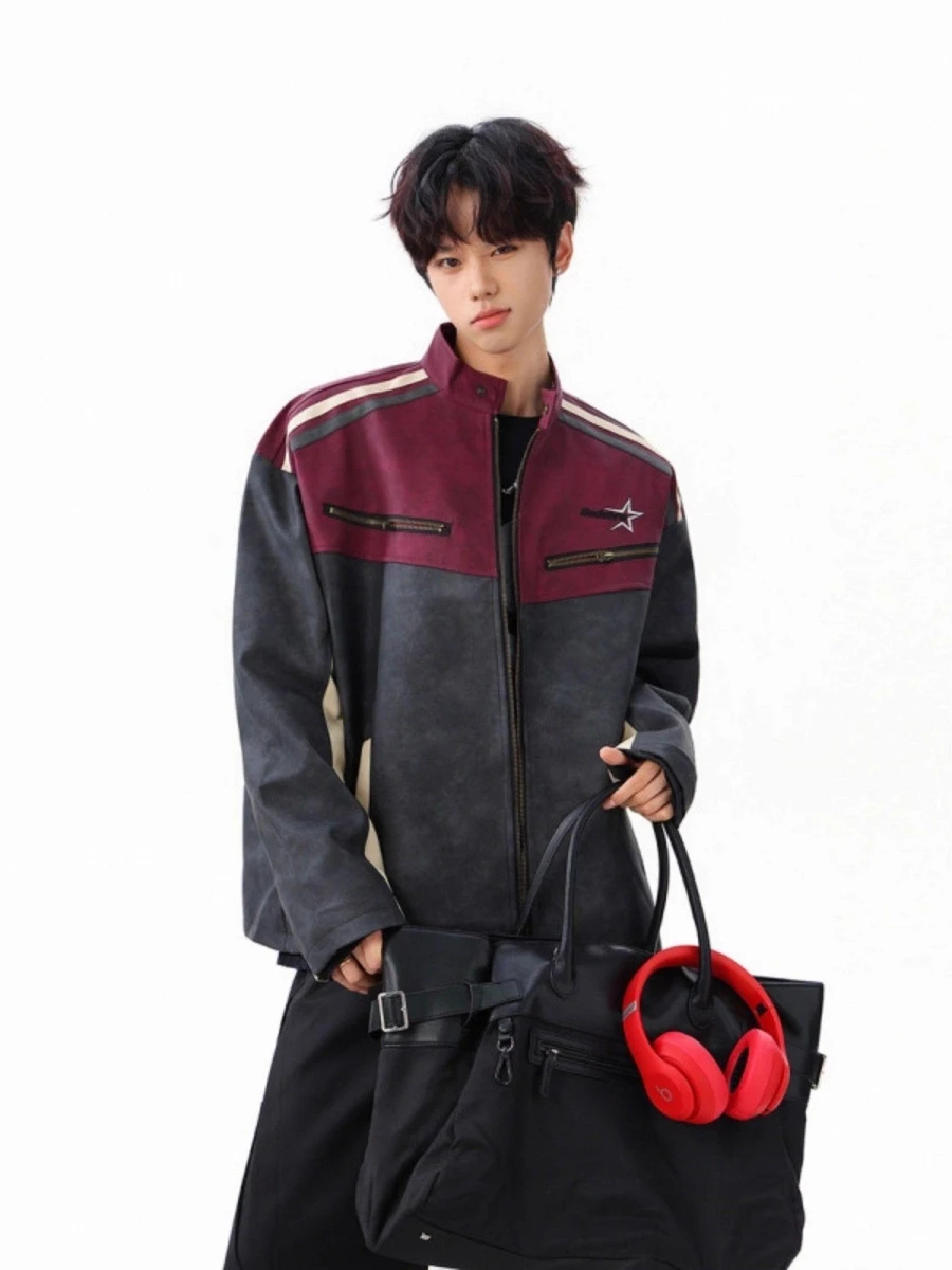 

Retro American Slized PU Leather Biker Jaet Stand Collar Zipper Closure Men's Women's Spring Autumn Faionable Outerwear