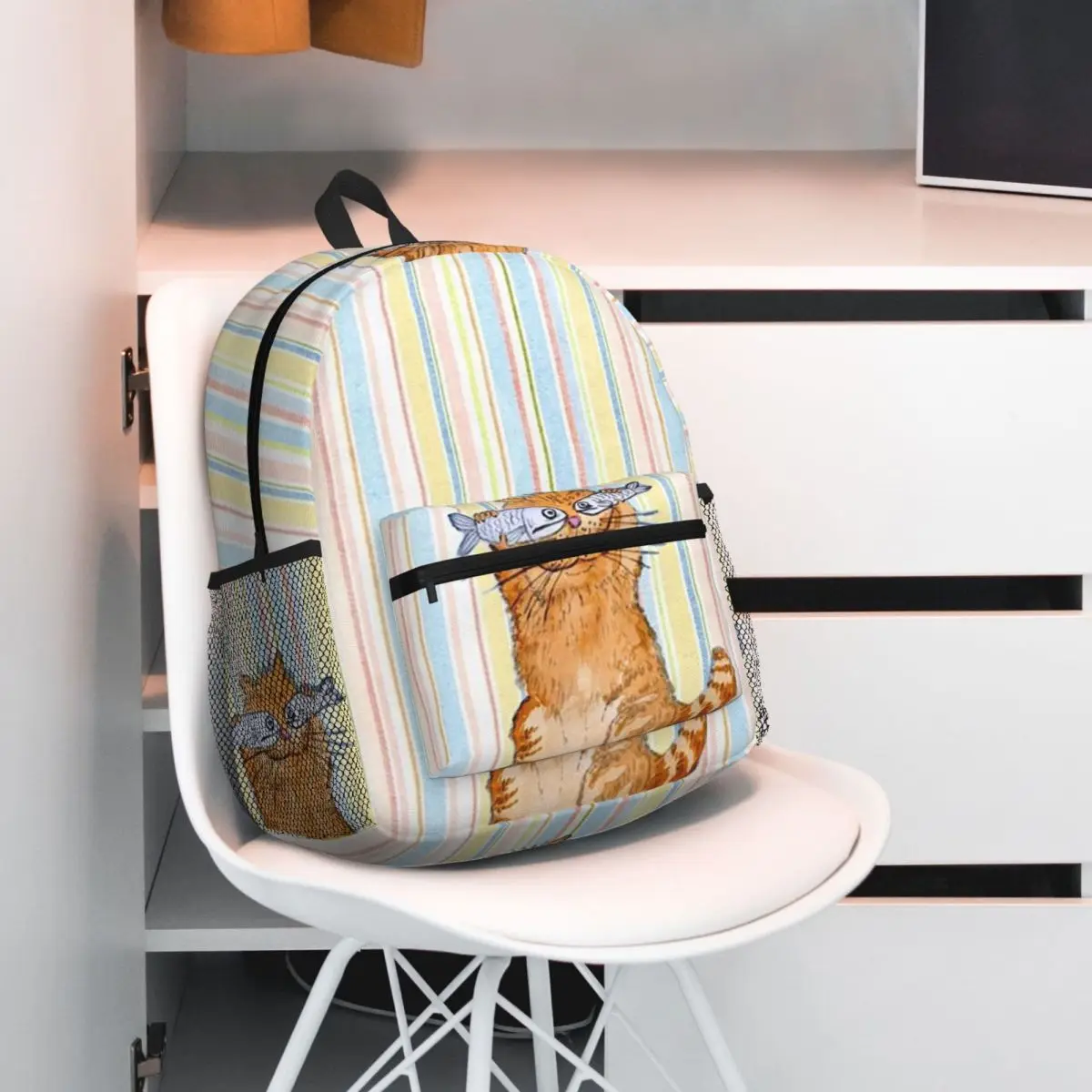 WhimsyCat Cartoon Cat With Fish Design 7 Backpack Student BookBag Kids School Bag Laptop Shoulder Bags for Men Women
