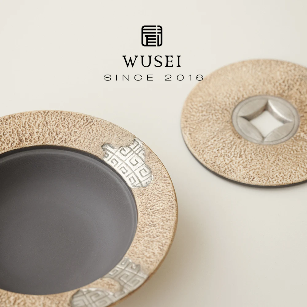Wusei Vintage Bronze Coin Teapot Holder Silver Plated Rock Pattern Old Clay Tea Ceremony Accessories Chinese Style Handmade